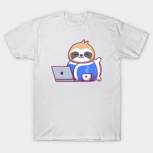 Cute Sloth Wearing Blanket With Laptop And Coffee T-Shirt